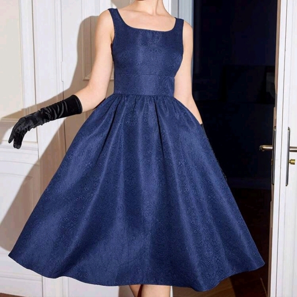 Vintage Elegant Women's Sleeveless Jacquard Texture Boat Neck Waist Defined Mini - Picture 4 of 4